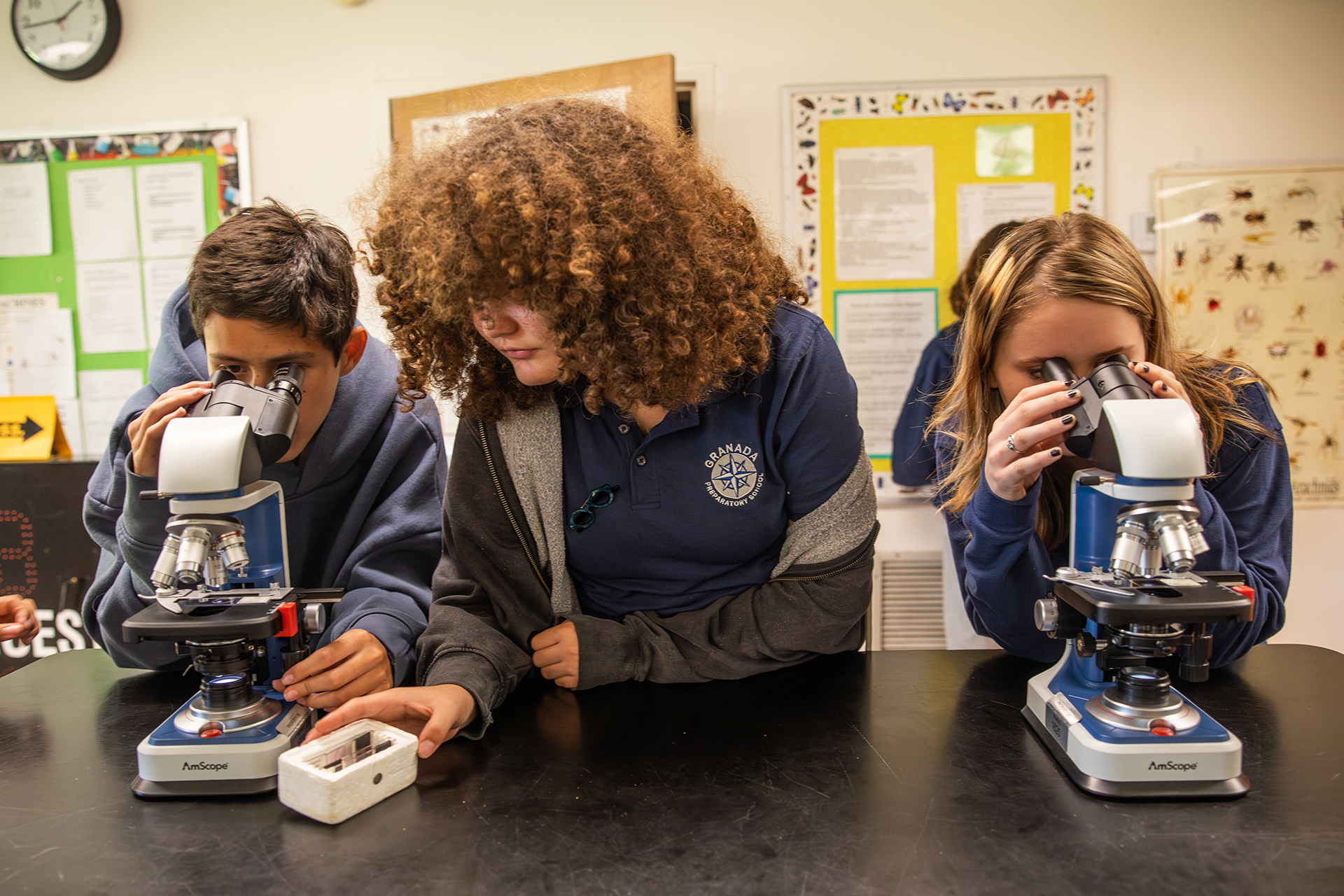Middle school students at microscopes